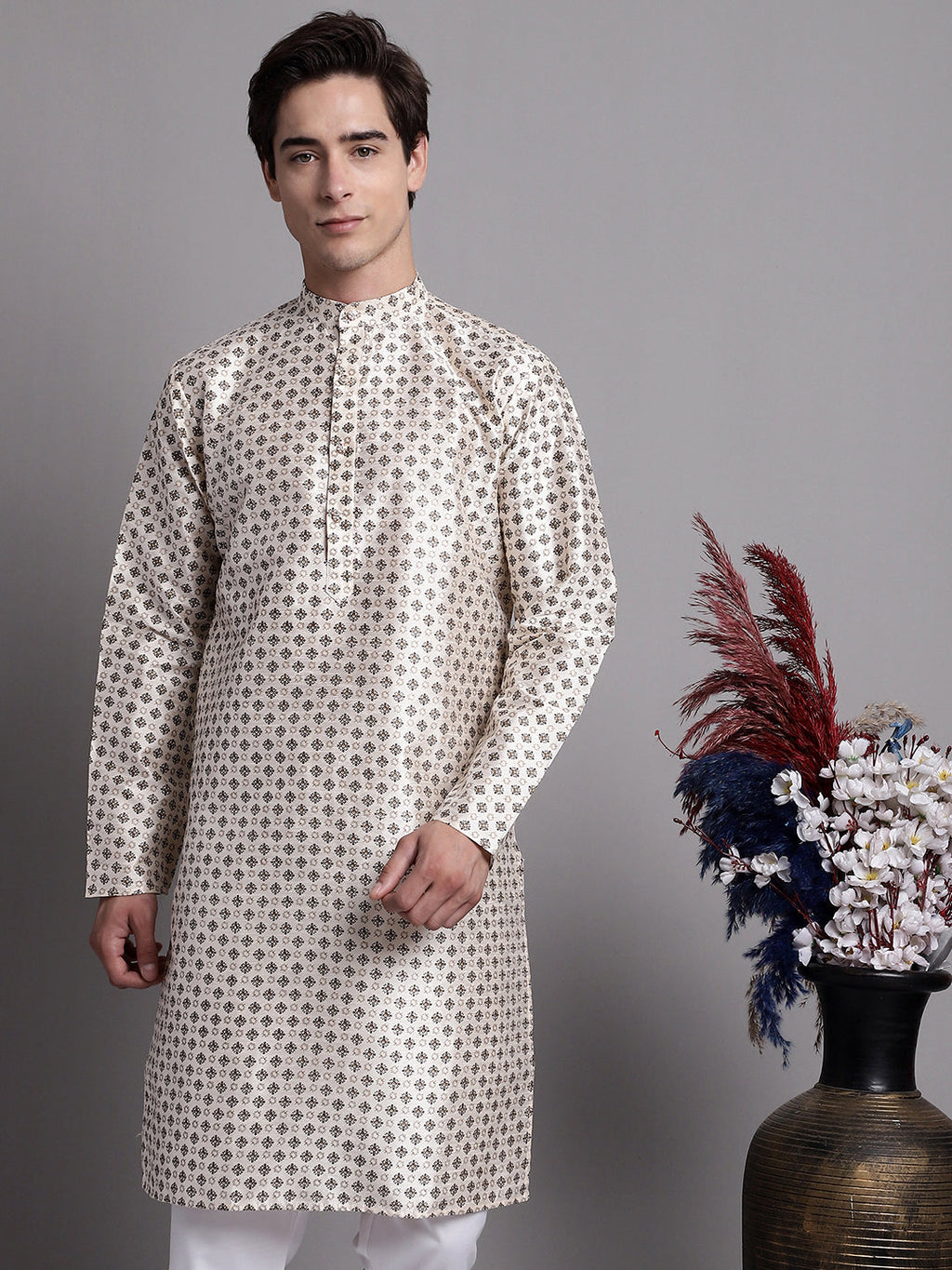Jompers Men's Grey Printed Silk Blend Kurta