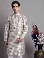 Jompers Men's Grey Printed Silk Blend Kurta