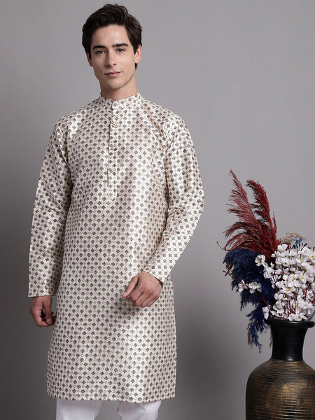 Jompers Men's Grey Printed Silk Blend Kurta