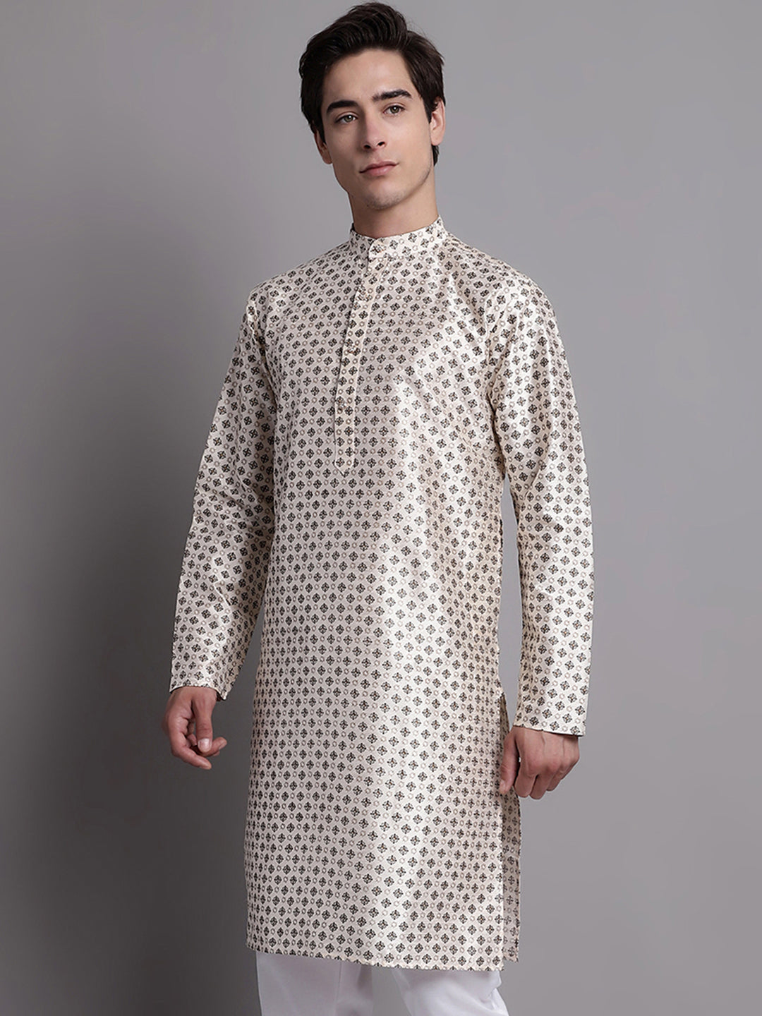 Jompers Men's Grey Printed Silk Blend Kurta