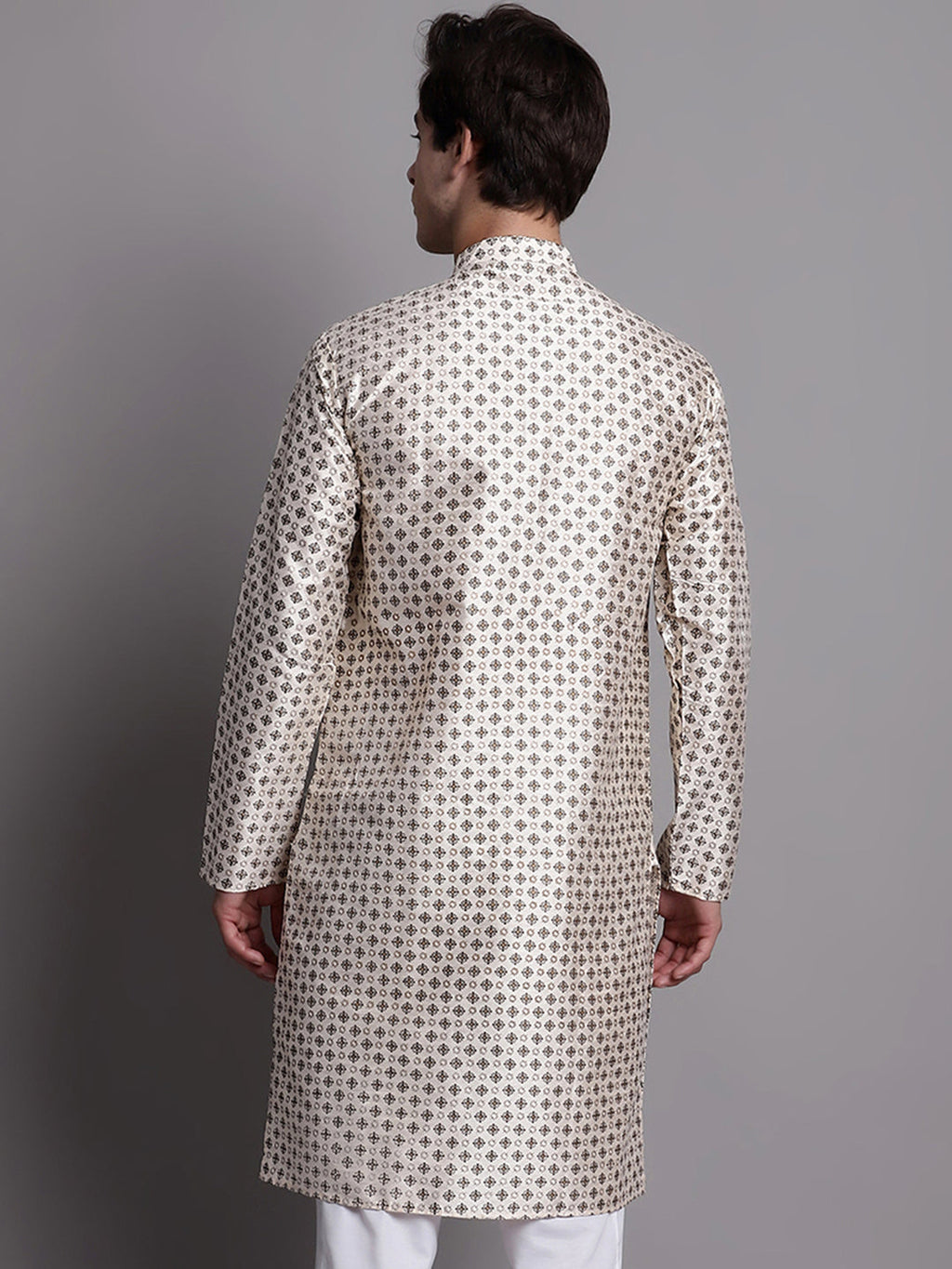 Jompers Men's Grey Printed Silk Blend Kurta
