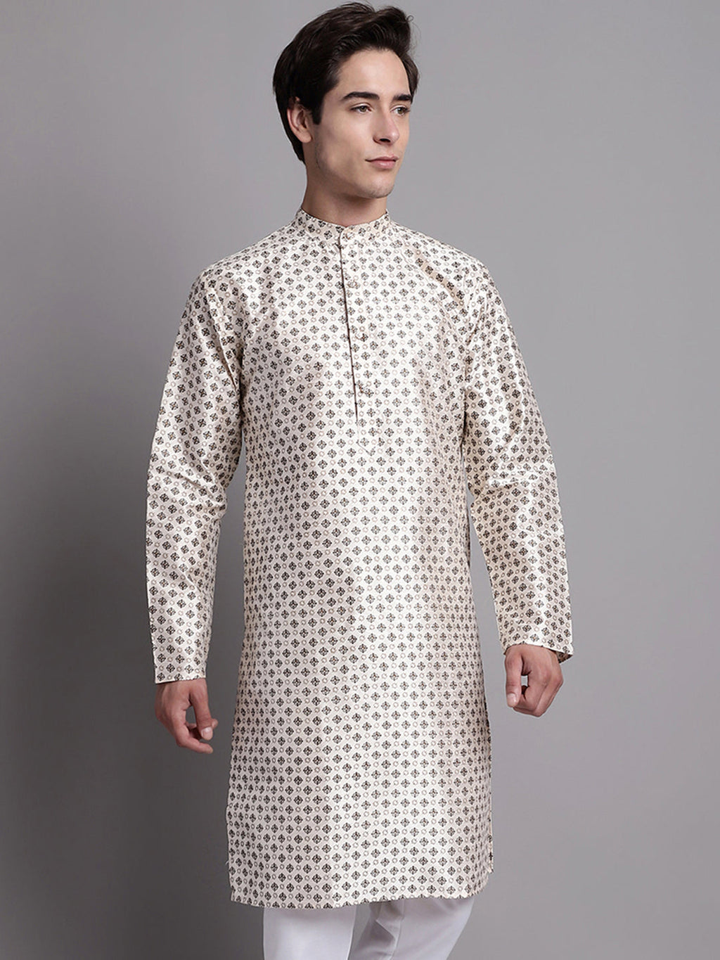 Jompers Men's Grey Printed Silk Blend Kurta