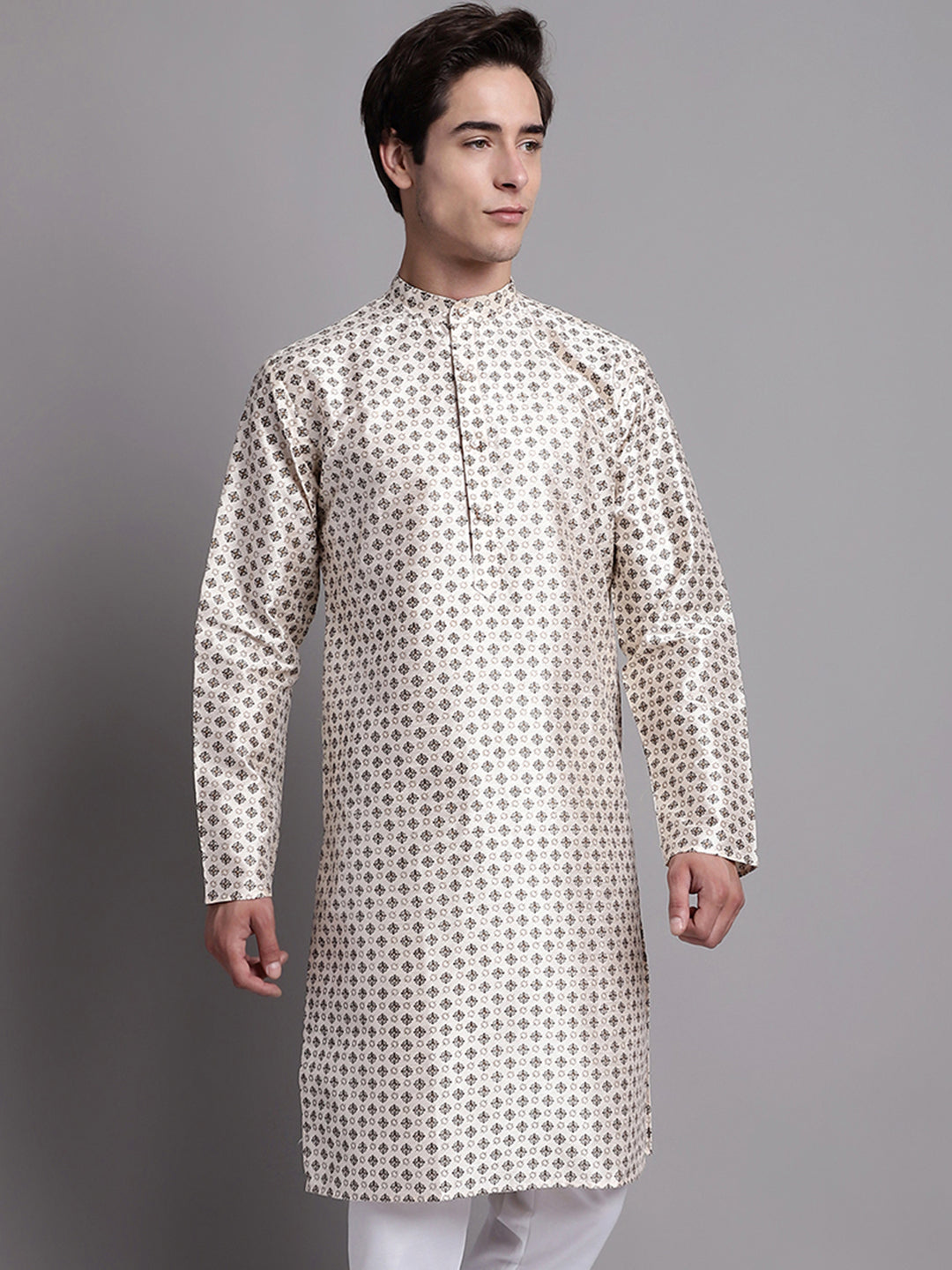 Jompers Men's Grey Printed Silk Blend Kurta
