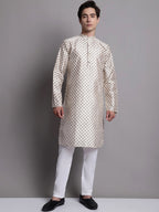 Jompers Men's Grey Printed Silk Blend Kurta
