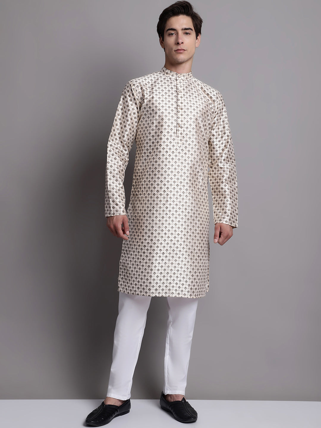 Jompers Men's Grey Printed Silk Blend Kurta