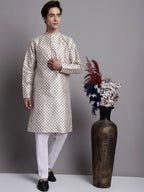Jompers Men's Grey Printed Silk Blend Kurta