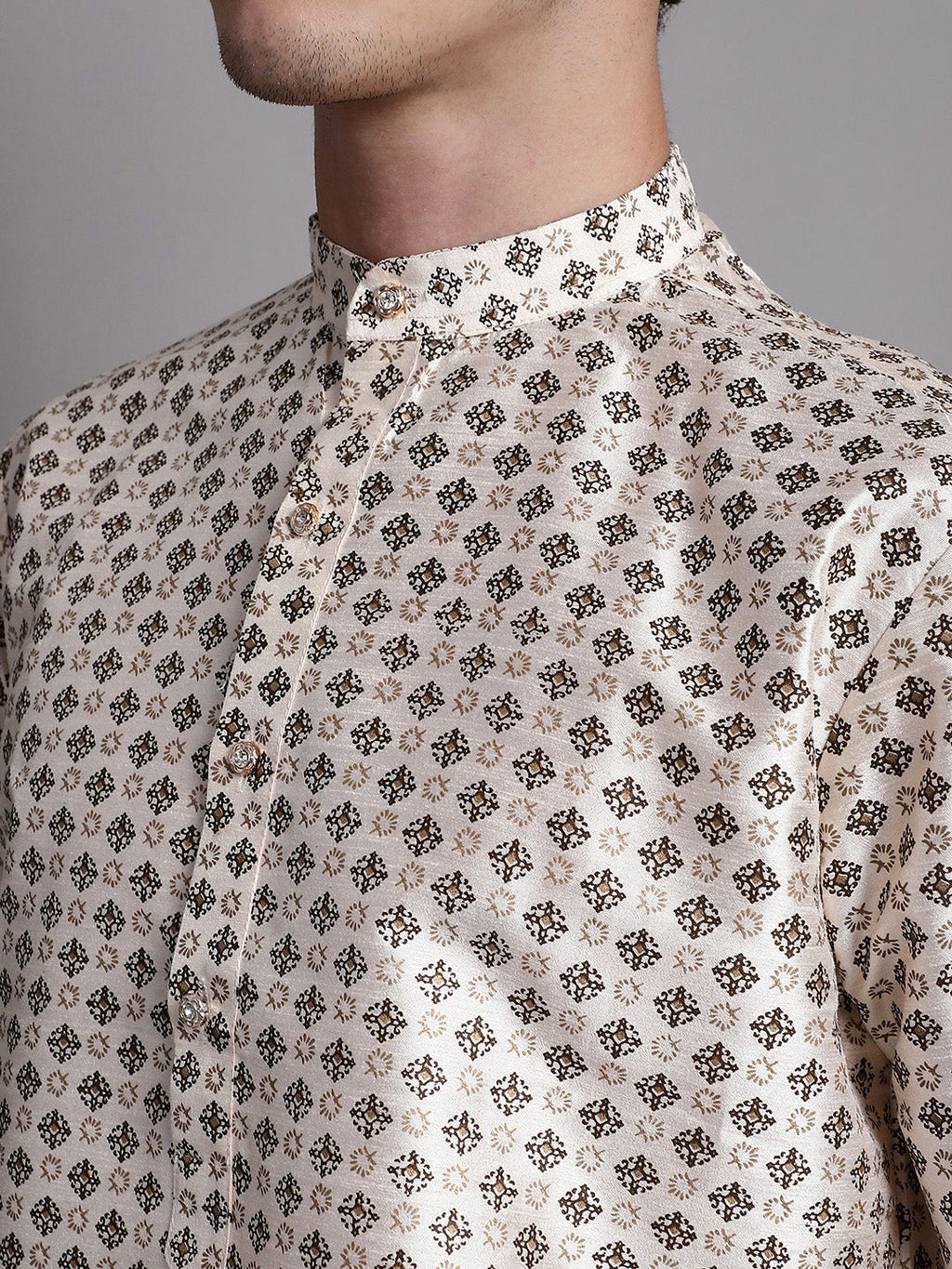 Jompers Men's Grey Printed Silk Blend Kurta
