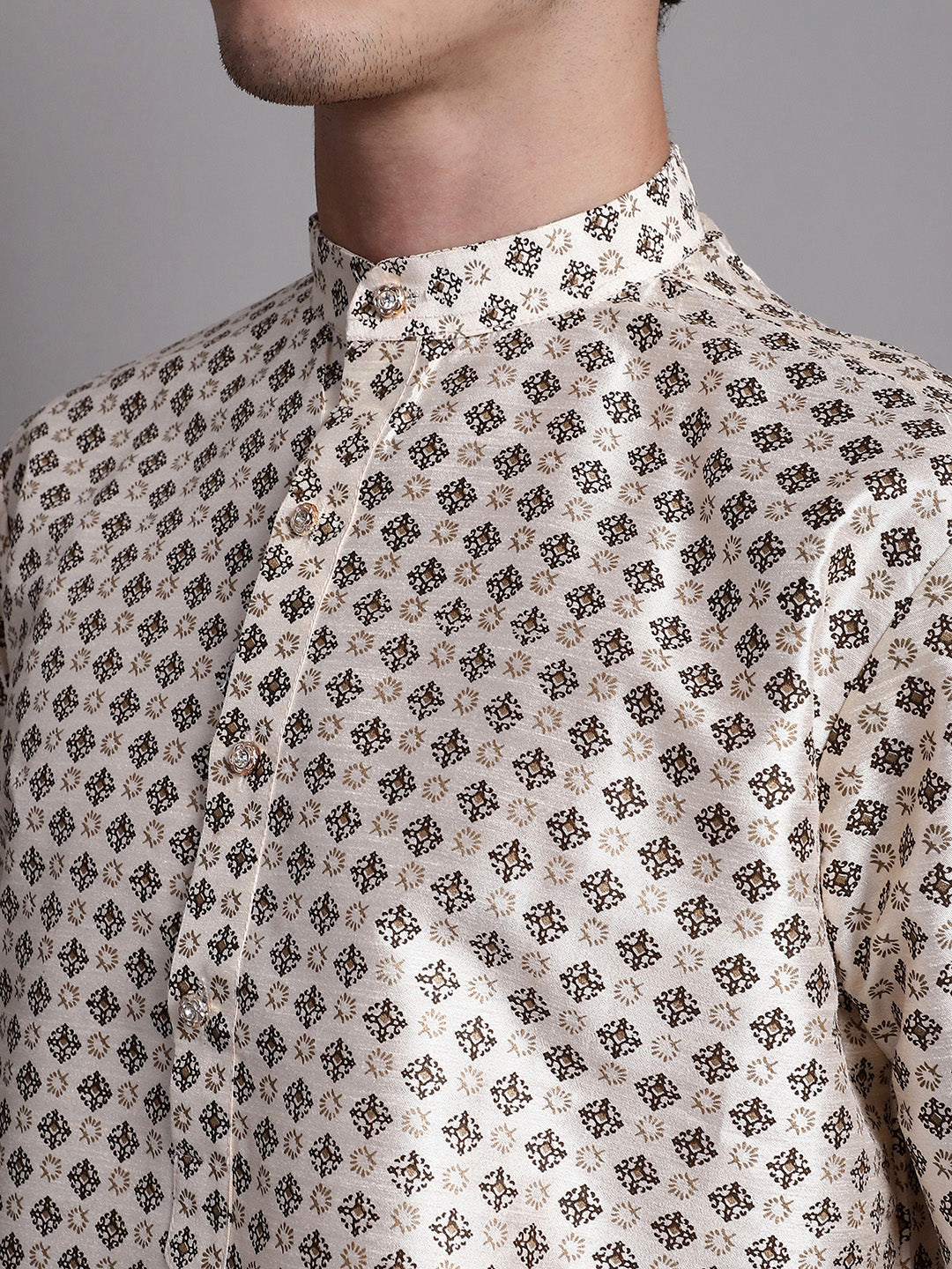 Jompers Men's Grey Printed Silk Blend Kurta