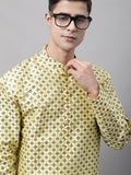 Jompers Men's Yellow Printed Silk Blend Kurta