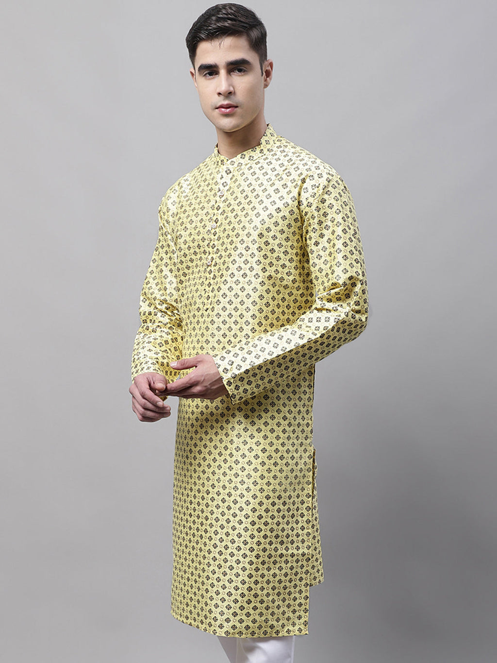 Jompers Men's Yellow Printed Silk Blend Kurta