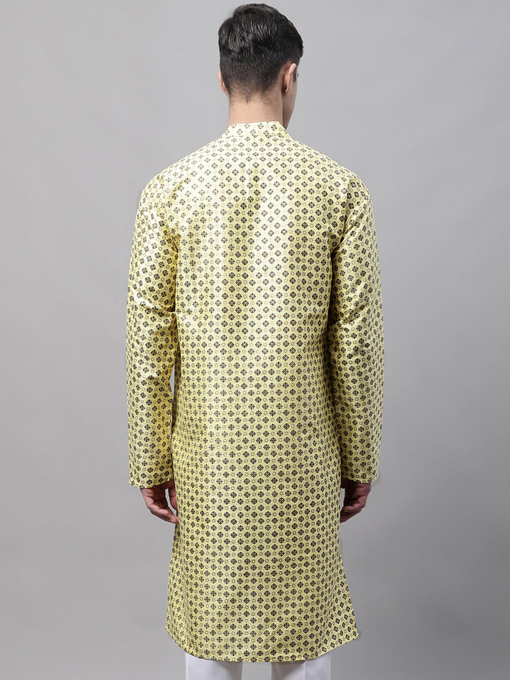 Jompers Men's Yellow Printed Silk Blend Kurta