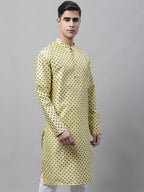 Jompers Men's Yellow Printed Silk Blend Kurta