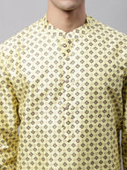 Jompers Men's Yellow Printed Silk Blend Kurta