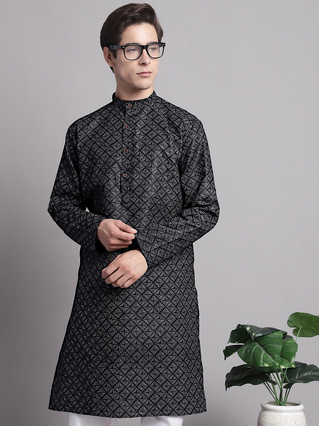 Jompers Men's Black Printed Pure Cotton Kurta