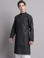 Jompers Men's Black Printed Pure Cotton Kurta