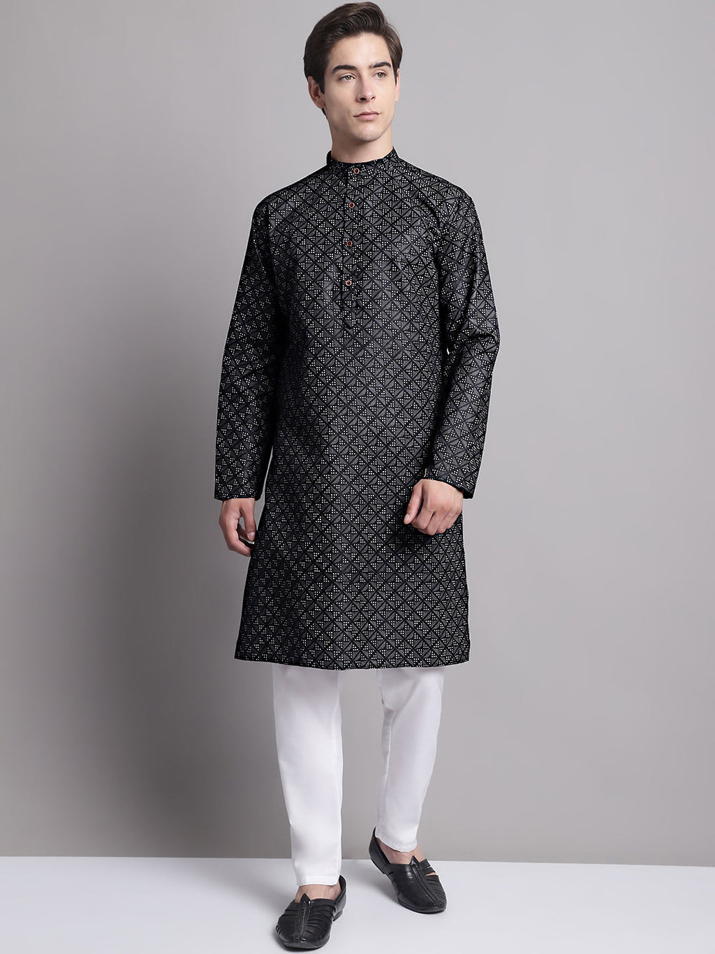 Jompers Men's Black Printed Pure Cotton Kurta