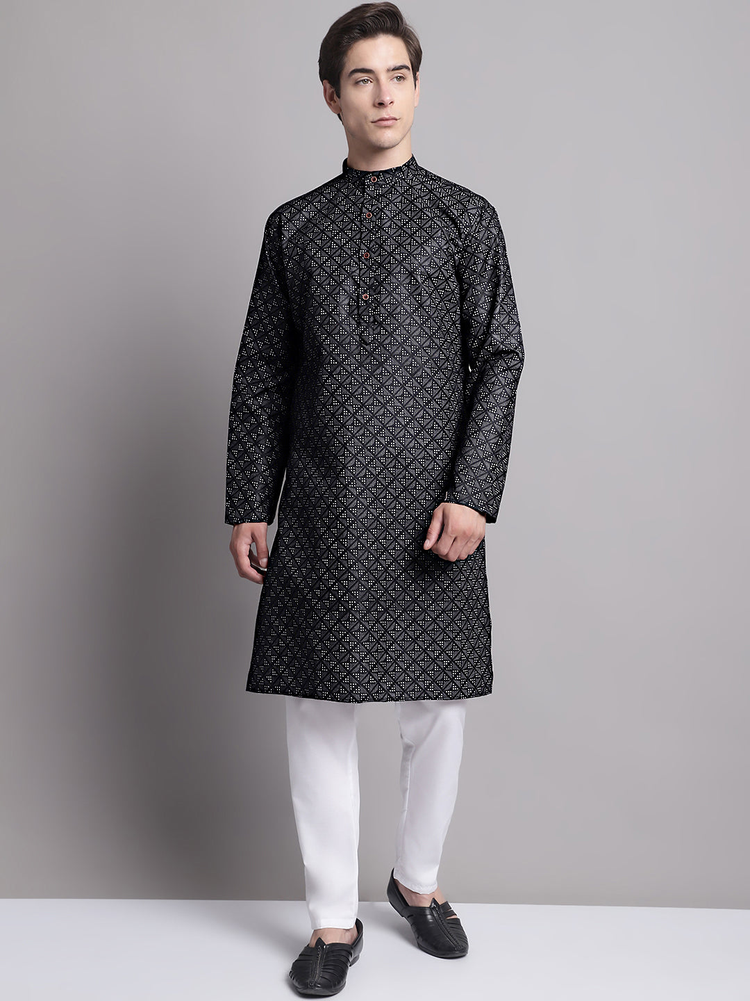 Jompers Men's Black Printed Pure Cotton Kurta