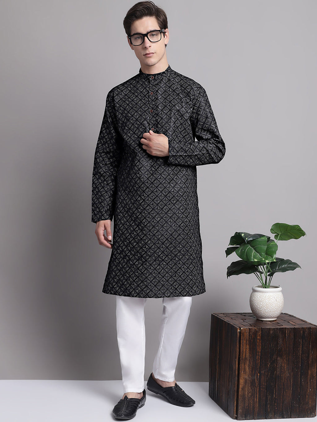 Jompers Men's Black Printed Pure Cotton Kurta