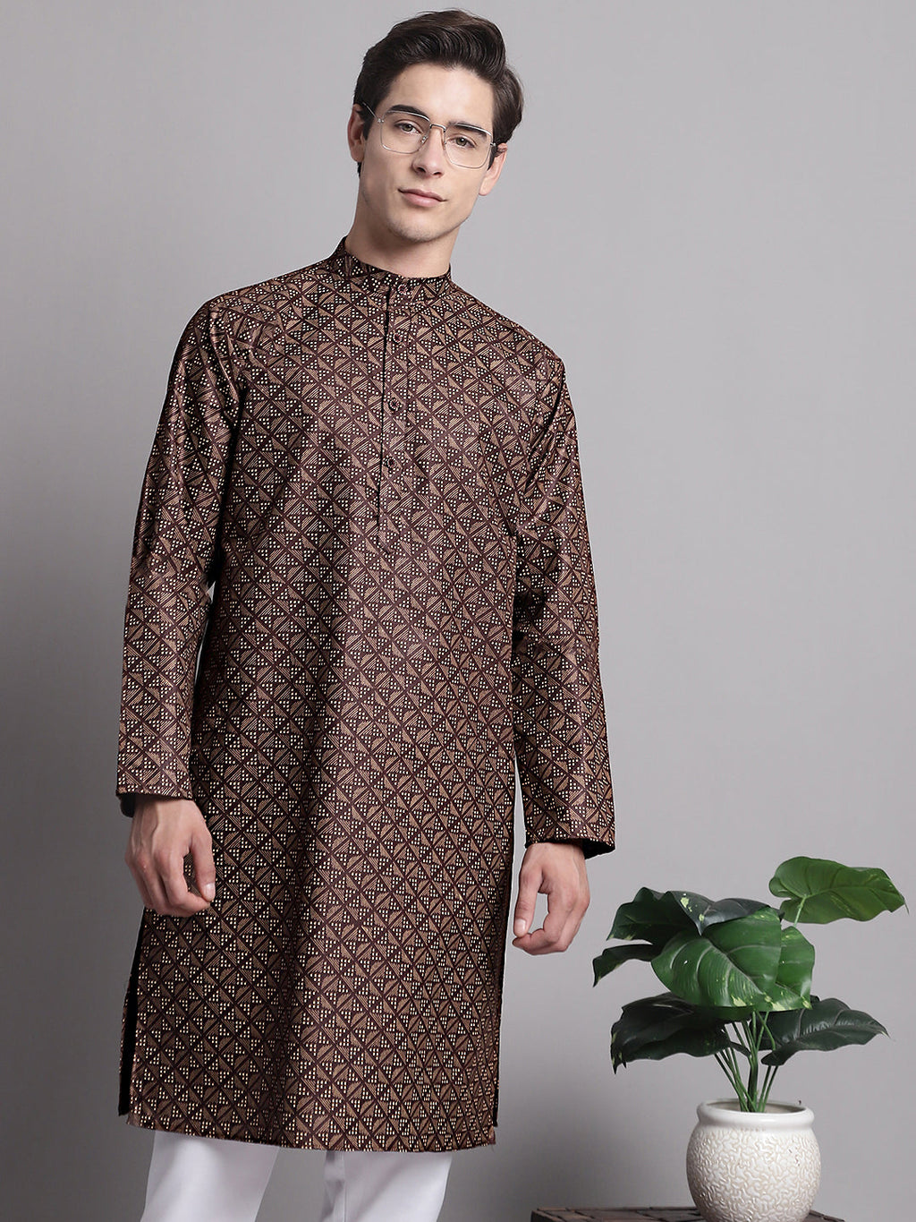 Jompers Men's Coffee Brown Printed Pure Cotton Kurta