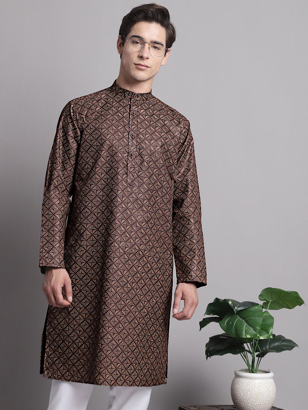 Jompers Men's Coffee Brown Printed Pure Cotton Kurta