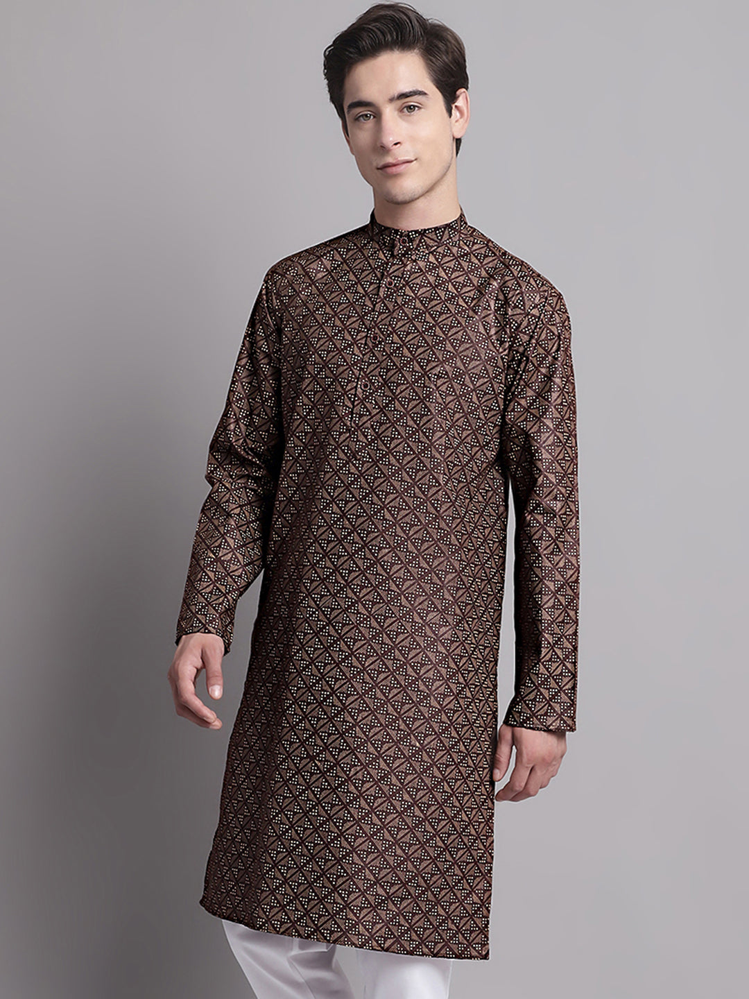 Jompers Men's Coffee Brown Printed Pure Cotton Kurta