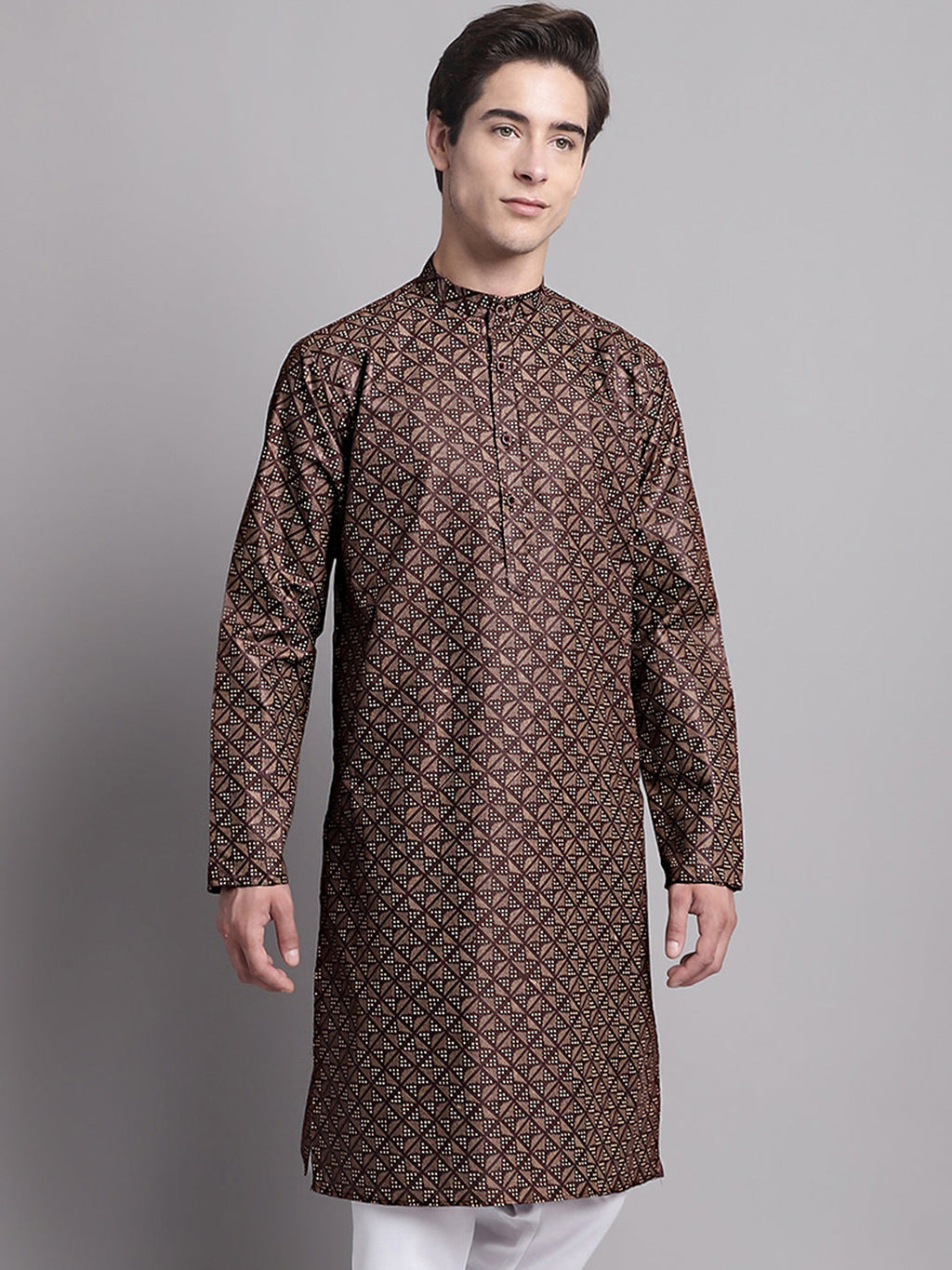 Jompers Men's Coffee Brown Printed Pure Cotton Kurta