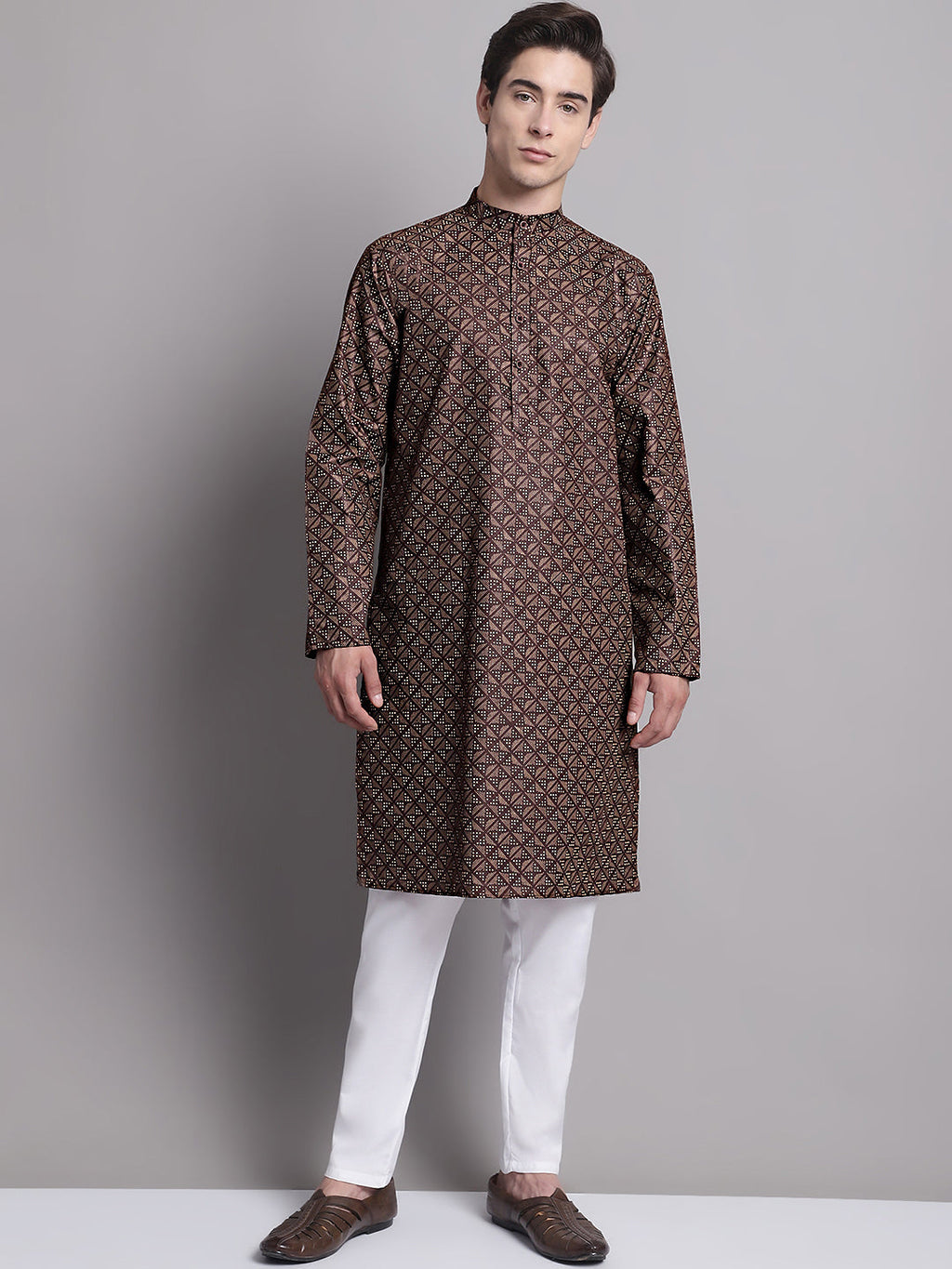 Jompers Men's Coffee Brown Printed Pure Cotton Kurta