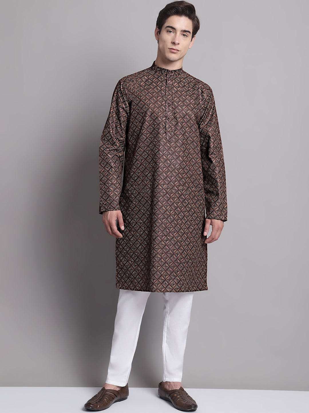 Jompers Men's Coffee Brown Printed Pure Cotton Kurta