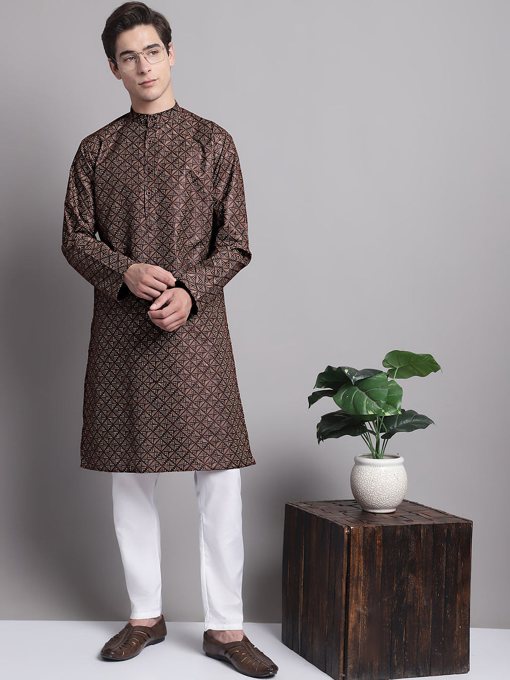 Jompers Men's Coffee Brown Printed Pure Cotton Kurta
