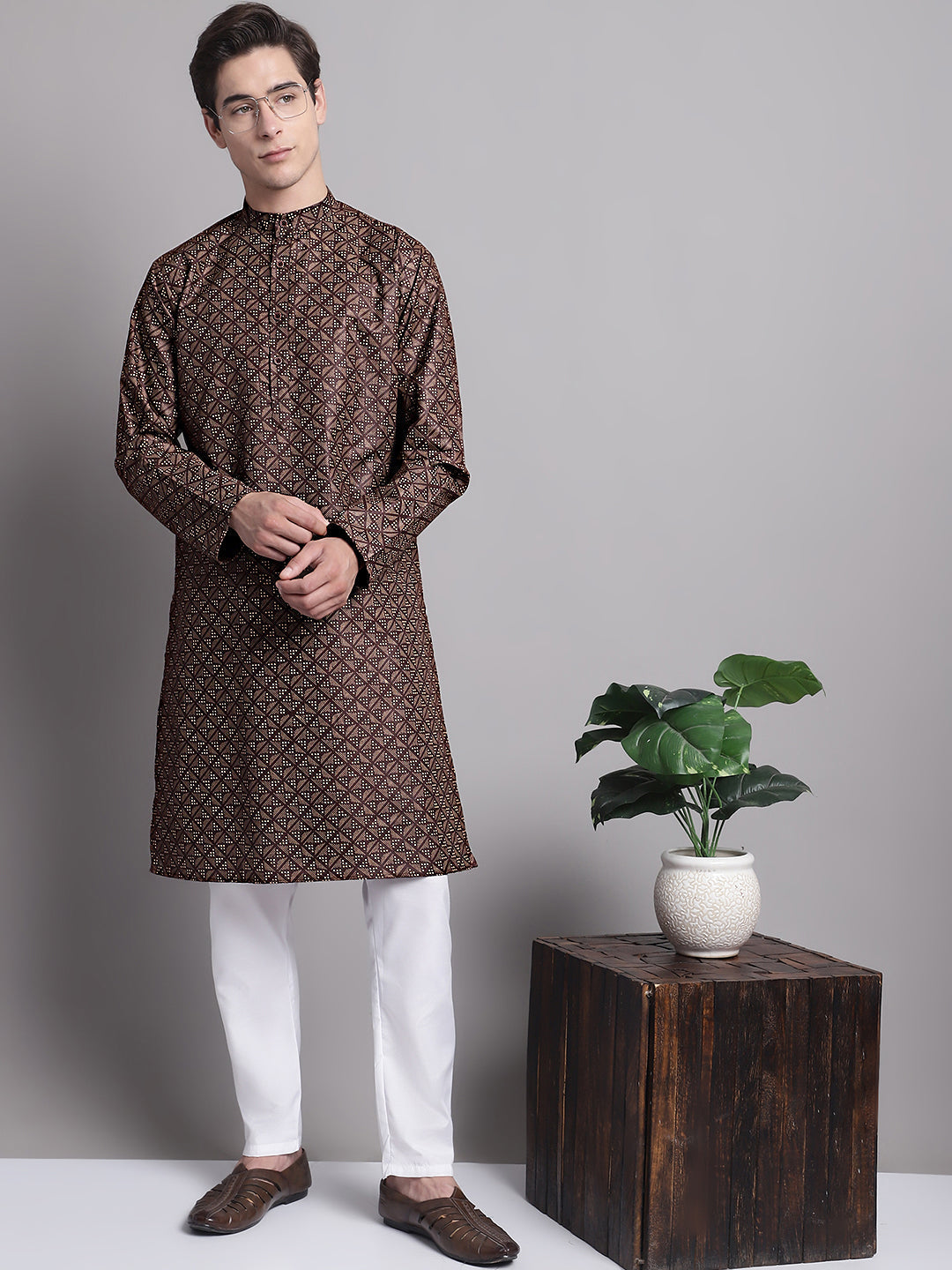 Jompers Men's Coffee Brown Printed Pure Cotton Kurta