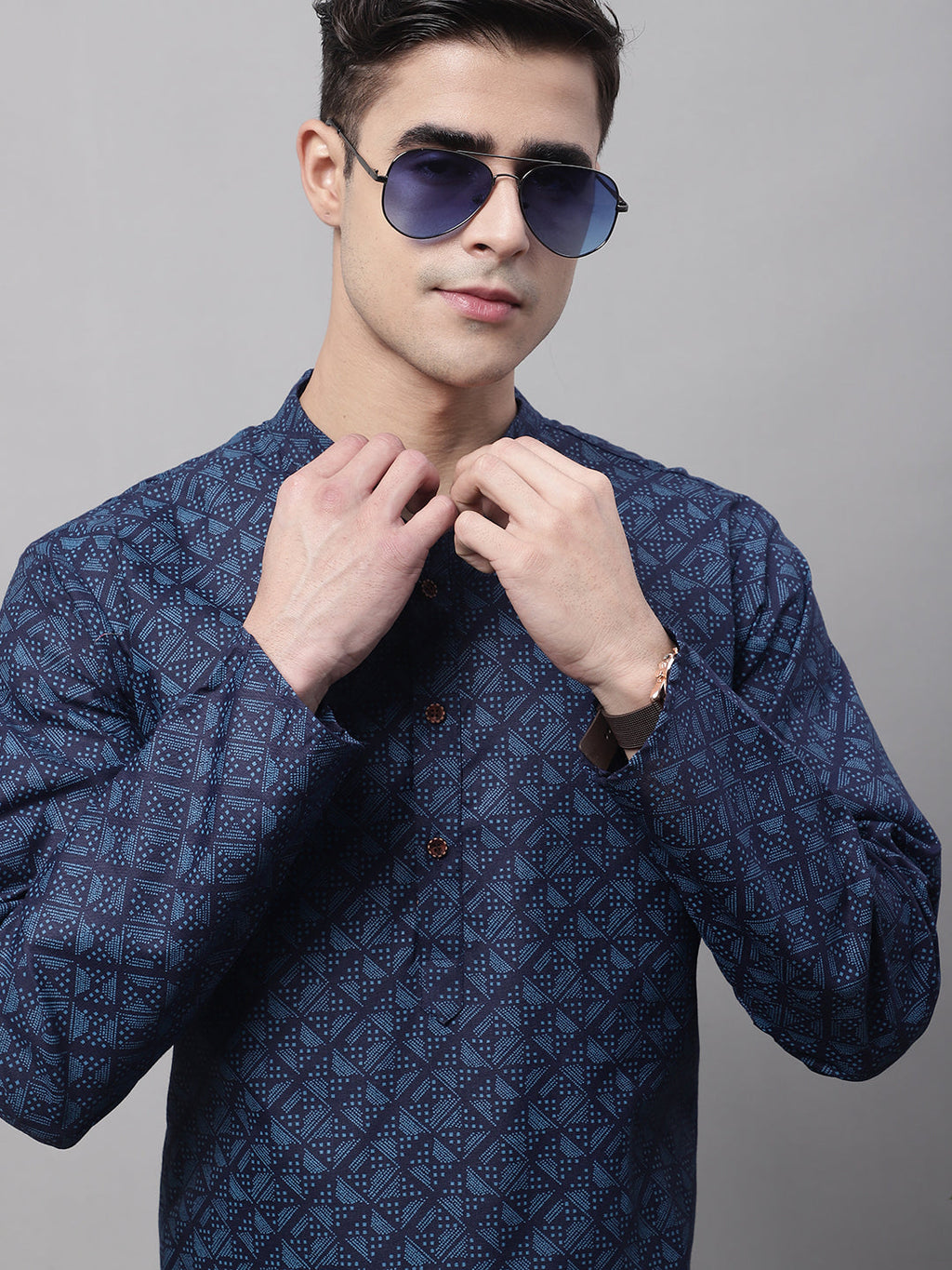 Jompers Men's Navy Blue Printed Pure Cotton Kurta