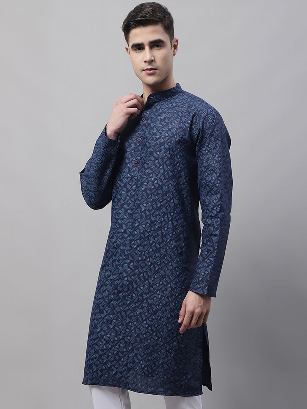 Jompers Men's Navy Blue Printed Pure Cotton Kurta