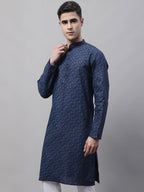 Jompers Men's Navy Blue Printed Pure Cotton Kurta