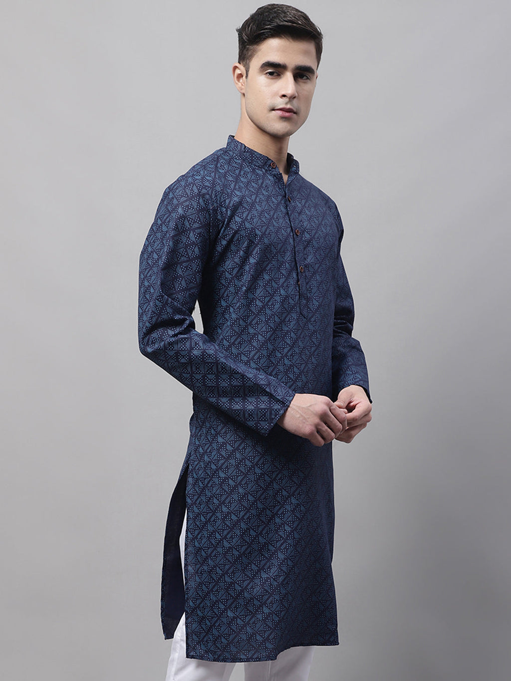 Jompers Men's Navy Blue Printed Pure Cotton Kurta