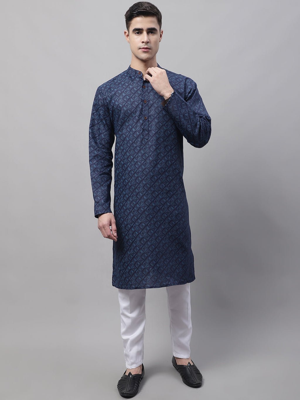 Jompers Men's Navy Blue Printed Pure Cotton Kurta