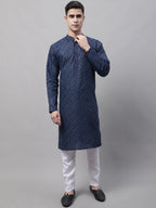 Jompers Men's Navy Blue Printed Pure Cotton Kurta