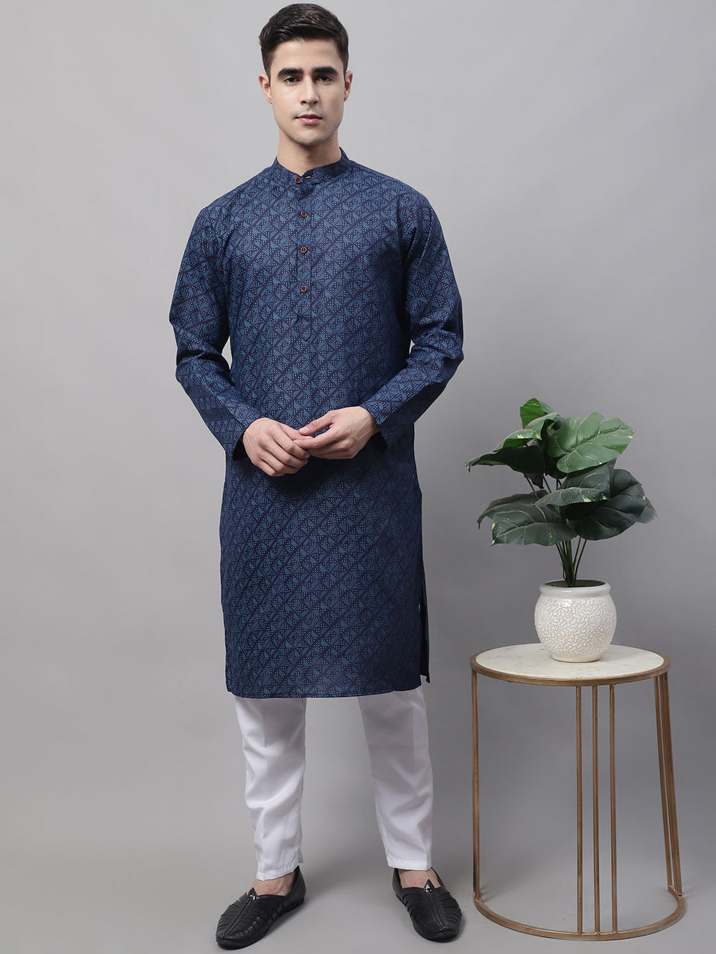 Jompers Men's Navy Blue Printed Pure Cotton Kurta