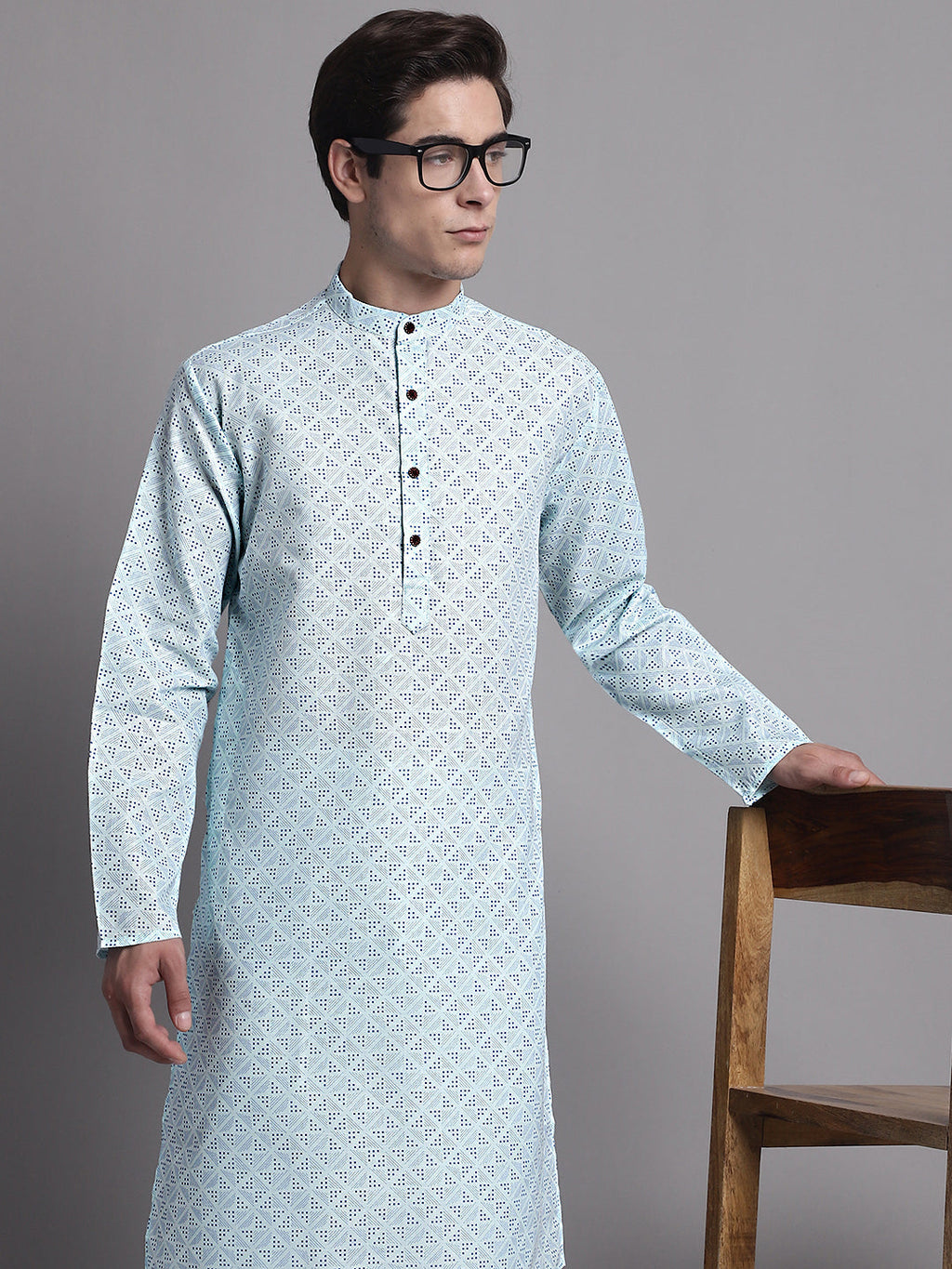 Jompers Men's Sky Blue Printed Pure Cotton Kurta