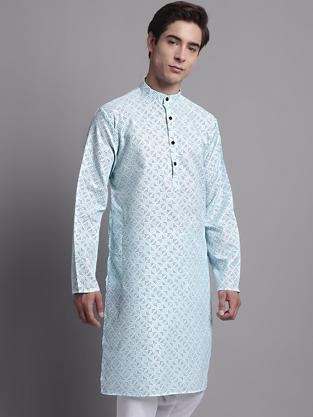 Jompers Men's Sky Blue Printed Pure Cotton Kurta