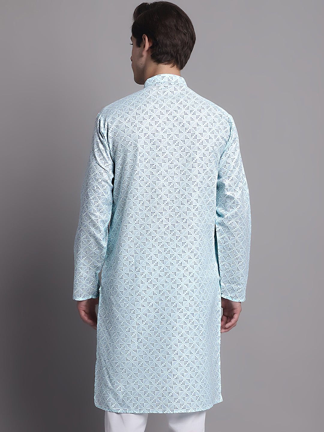 Jompers Men's Sky Blue Printed Pure Cotton Kurta