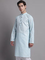 Jompers Men's Sky Blue Printed Pure Cotton Kurta