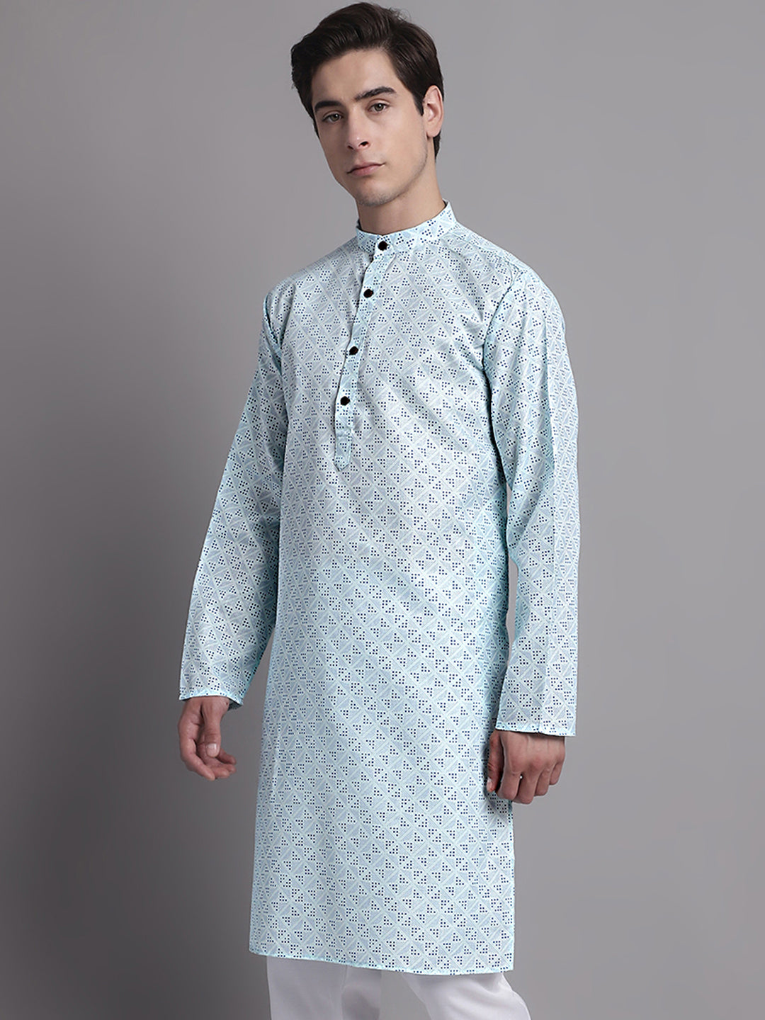 Jompers Men's Sky Blue Printed Pure Cotton Kurta