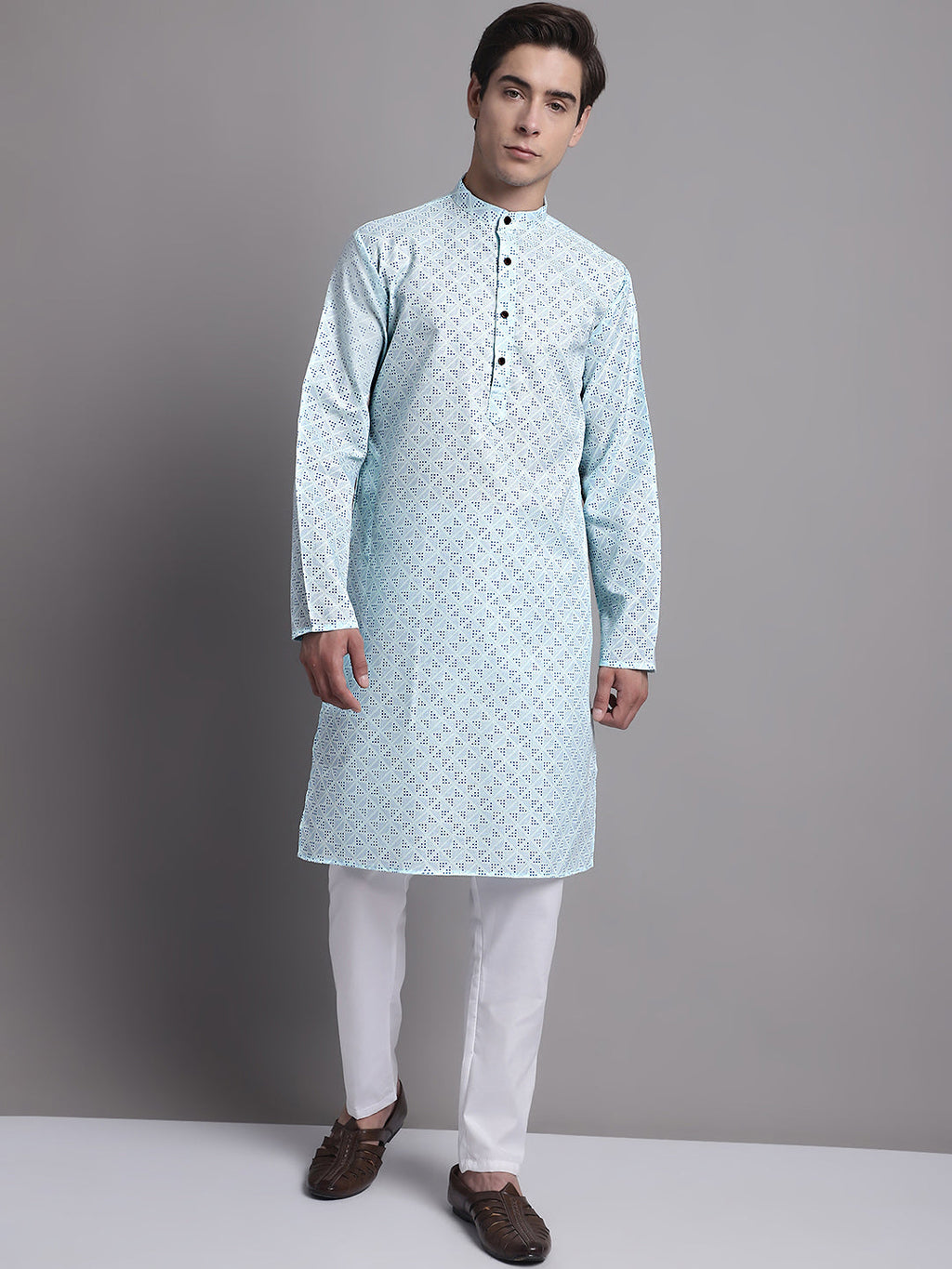 Jompers Men's Sky Blue Printed Pure Cotton Kurta