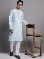 Jompers Men's Sky Blue Printed Pure Cotton Kurta
