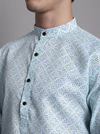 Jompers Men's Sky Blue Printed Pure Cotton Kurta