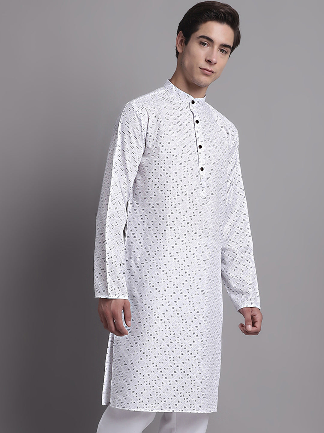 Jompers Men's White Printed Pure Cotton Kurta