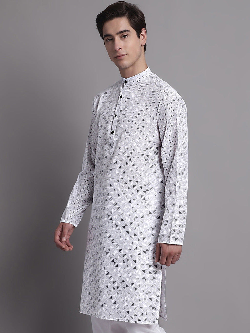 Jompers Men's White Printed Pure Cotton Kurta
