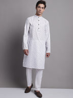 Jompers Men's White Printed Pure Cotton Kurta