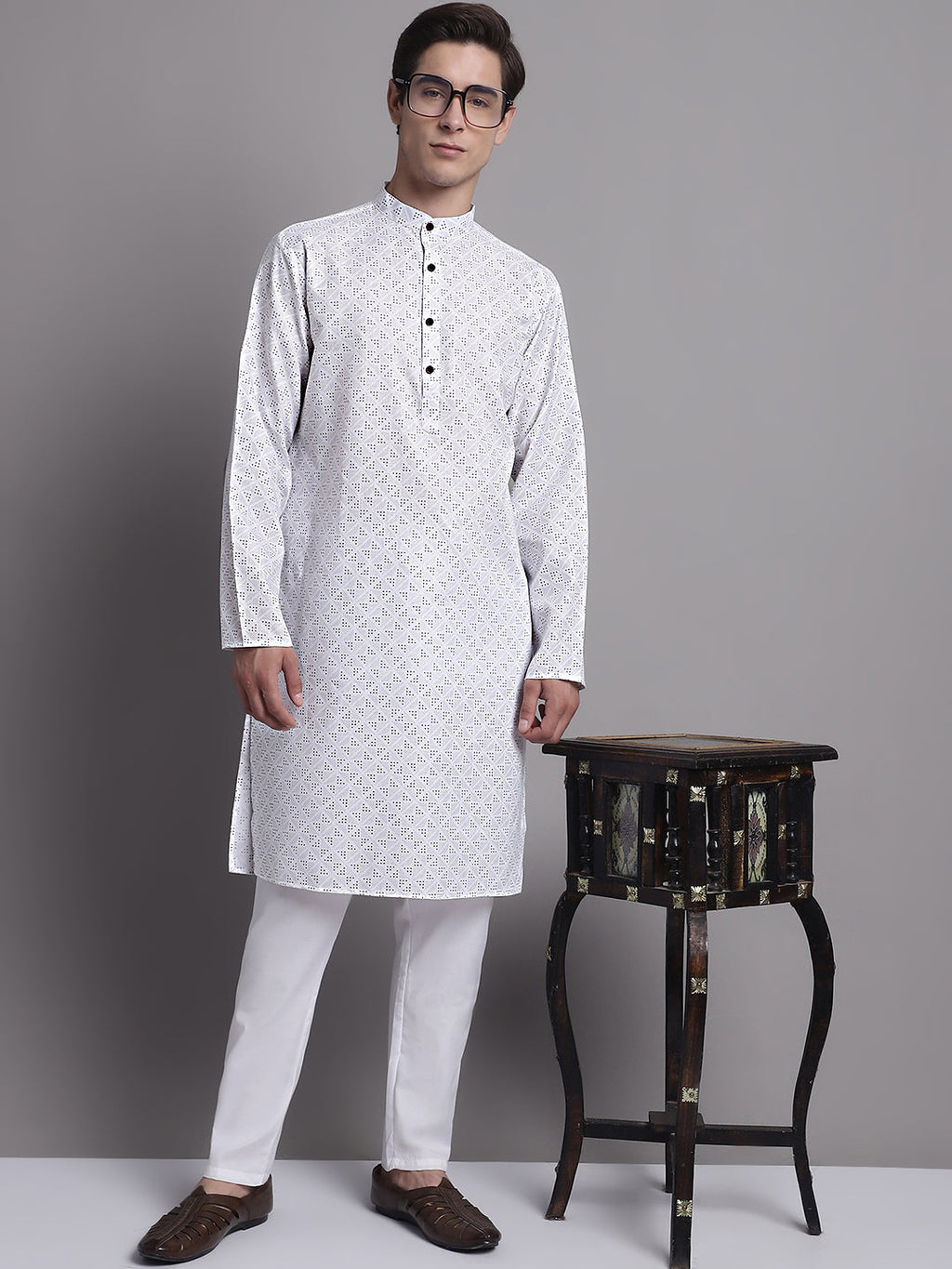 Jompers Men's White Printed Pure Cotton Kurta
