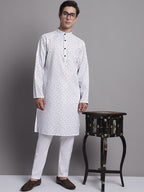 Jompers Men's White Printed Pure Cotton Kurta
